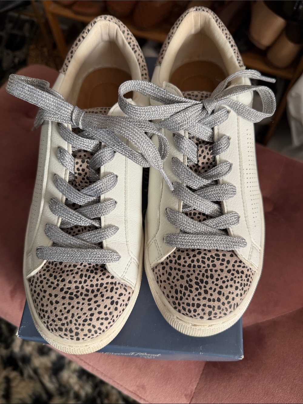 Universal Thread White Sneakers with Beige Leopard Toe and Silver Laces